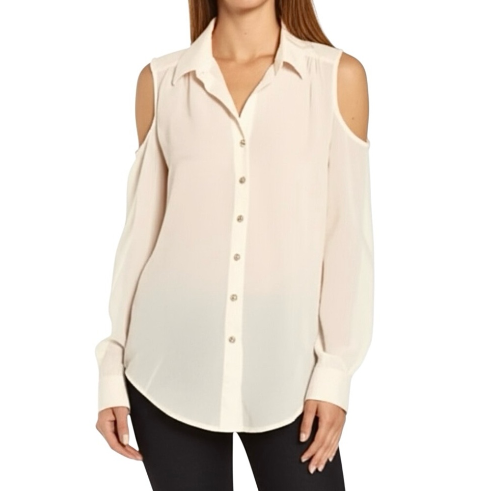 UO Sparkle & Fade Long Sleeve Cold Shoulder Button Up Shirt Top  Blush XS